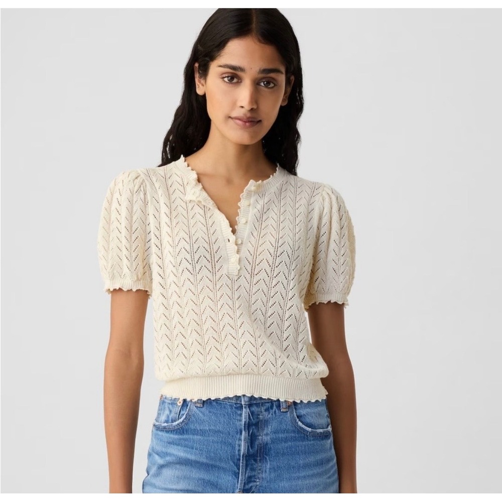 Gap‎ x DÔEN Pointelle Scallop Linen Blend Henley Sweater Puff Sleeve Cream XS